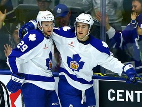 Rookies Connor Brown (left) and Brendan Leipsic, both born in 1994, form two-thirds of the Toronto Marlies’ Rugrats Line along with centre Ryan Rupert. (DAVE ABEL/Toronto Sun)