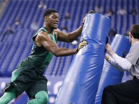 Defensive lineman Randy Gregory of Nebraska competes during the 2015 NFL Scouting Combine at Lucas Oil Stadium on February 22, 2015 in Indianapolis. (Joe Robbins/Getty Images/AFP)