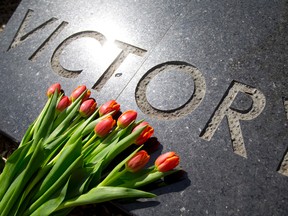 Orange tulips dedicated to Canadian soldiers rest on a monument in London?s Victoria Park. (Photo Illustration by CRAIG GLOVER, The London Free Press)