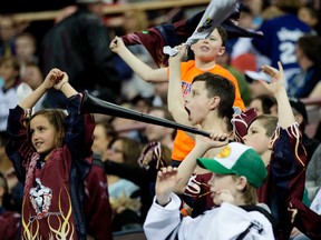 Young fans cheer on the Edmonton Rush against the Colorado Mammoth during second half NLL action, in Edmonton, Alta., on Saturday April 18, 2015. The Rush won 13-12. David Bloom/Edmonton Sun/Postmedia Network