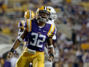 Jalen Collins #32 of the LSU Tigers reacts to a defensive stop during the fourth quarter of a game against the Louisiana Monroe Warhawks at Tiger Stadium on September 13, 2014 in Baton Rouge, Louisiana. LSU won the game 31-0.  Stacy Revere/Getty Images/AFP