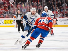 Steven Stamkos #91 of the Tampa Bay Lightning tries to get past P.K. Subban #76 of the Montreal Canadiens in Game One of the Eastern Conference Semifinals during the 2015 NHL Stanley Cup Playoffs at the Bell Centre on May 1, 2015 in Montreal, Quebec, Canada.  Minas Panagiotakis/Getty Images/AFP