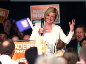 Alberta NDP leader Rachel Notley greets hundreds of supporters as she held a rally in the MacEwan Hall ballroom at the University of Calgary on May 2, 2015. (Darren Makowichuk/Postmedia Network)
