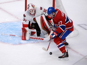 Montreal Canadiens forward Alex Galchenyuk (27) takes a shot on Ottawa Senators goalie Andrew Hammond (30) during the first round of the playoffs. (USA Today Sports)