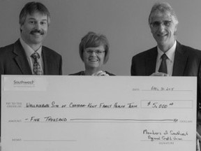 he Wallaceburg site of the Chatham-Kent Family Health Team recently received a $5,000 donation from Southwest Regional Credit Union.

On hand to receive the cheque was Robert Watson, Chair of the Chatham-Kent Family Health Team; Laura Johnson, CKFHT Executive Director; and Tony Gioiosa, CEO of Southwest Regional Credit Union. The Chatham-Kent Family Health Team is in the midst of a $200,000 expansion fundraising drive to help fund an expansion at the Wallaceburg site to house three new doctors.
