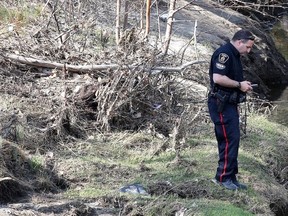 A Greater Sudbury Police Services officer takes measurements on the bank of Junction Creek near human remains were found in Sudbury, Ont. on Sunday May 3, 2015. Gino Donato/Sudbury Star/Postmedia Network