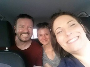 Actor Ricky Gervais and partner/writer Jane Fallon get a ride with Torontonian Kara Stahl Saturday, May 2, 2015. (Supplied photo)