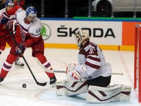 Jaromir Jagr skates in for a scoring chance against Latvia on Saturday (David W. Cerny/Reutes).