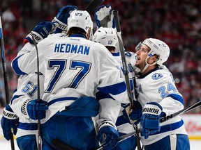Valtteri Filppula #51 of the Tampa Bay Lightning celebrates his goal with teammates in Game 2 of the Eastern Conference Semifinals against the Tampa Bay Lightning during the 2015 NHL Stanley Cup Playoffs at the Bell Centre on May 3, 2015 in Montreal, Quebec, Canada. (Minas Panagiotakis/Getty Images/AFP)