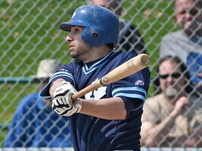 Maple Leafs’ Dan Marra connects for a hit on May 3 against the Hamilton Cardinals at Dominico Field at Christie Pits. (Dan Hamilton/Vantage Point Studios)