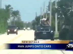 A 25-year-old man was reportedly high on meth when he allegedly jumped on top of moving cars and gestured at terrified drivers in Manalapan, Fla., Sunday — a wild ride that a witness filmed with his cellphone.
(Screenshot from YouTube)