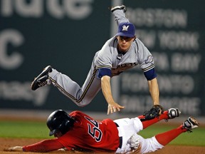 Boston Red Sox' Darnell McDonald (bottom) is out as he trips up Milwaukee Brewers shortstop Craig Counsell. (REUTERS/Adam Hunger)