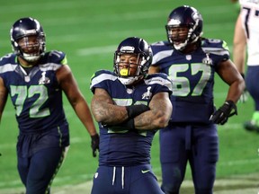 Bruce Irvin #51 of the Seattle Seahawks reacts after a sack in the fourth quarter against the New England Patriots during Super Bowl XLIX at University of Phoenix Stadium on February 1, 2015 in Glendale, Arizona. (Andy Lyons/Getty Images/AFP)