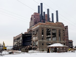 The former Marysville Power Plant is seen in January as crews strip away parts. Officials are considering imploding the plant's structure. (Handout, courtesy of the Port Huron Times Herald)
