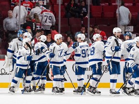 The Tampa Bay Lightning celebrate their victory in Game Two of the Eastern Conference Semifinals against the Montreal Canadiens. (Minas Panagiotakis/AFP)