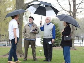 K-W Grand Philharmonic Choir artistic director Mark Vuorinen, from left, joins composer R. Murray Schafer, Stratford Summer Music artistic producer John Miller and mezzo-soprano Eleanor James in a tour of Tom Patterson Island on Monday. (SCOTT WISHART/The Beacon Herald)