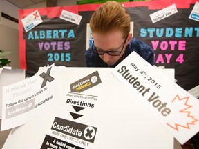 Grade 10 student Mitchell Dixon, 15, casts his vote during a mock provincial election at Holy Trinity High School, 7007 - 28 Avenue, in Edmonton, Alta. on Monday May 4, 2015. David Bloom/Edmonton Sun