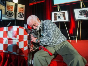 Derik Hodgson, poses for a photo with Badger, one of four inductions during the 47th annual ceremony for the Purina Animal Hall of Fame celebrating animal's heroics acts held at the Purina Pawsway in Toronto, Ont.  on Monday May 4, 2015. Badger, a Lab-Rottweiler, dragged Hodgson to safety during a winter's fall the left him unable to get to help on his own.   Ernest Doroszuk/Toronto Sun/Postmedia Network