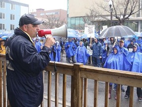Gino Donato/The Sudbury Star
James Clyke, president of Ontario Secondary School Teachers' Federation District 3, addresses members and supporters during a rally in Sudbury on Monday.