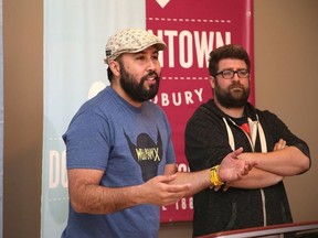 Gino Donato/The Sudbury Star
Cliff Skelliter and Jason Hebert of LaunchPad Marketing address the crowd at the Downtown Sudbury press conference on Monday.
