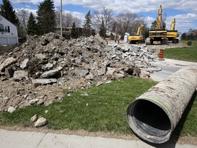 Motorists heading west through Belleville, Ont. might want to think twice before driving on Dundas Street West in the area of the Sidney Street intersection due to major construction, like here Wednesday, April 29, 2015. The infrastructure project is conducted as part of the North East Feedermain project, one of the features outlined in Build Belleville. - Jerome Lessard/Belleville Intelligencer/Postmedia Network