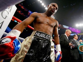 Floyd Mayweather Jr. in the ring before the welterweight unification championship bout on May 2, 2015 at MGM Grand Garden Arena in Las Vegas, Nevada. (Al Bello/Getty Images/AFP)