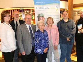 BRUCE BELL/THE INTELLIGENCER
May was declared Community Living Month In Prince Edward County by Mayor Robert Quaiff on Monday morning at the Beck and Call Restaurant. Pictured (from left) are Community Living Prince Edward executive director Susan Treverton, board chairman Henry Morisson, Mayor Quaiff, founding board members Phyllis Sibthorpe and Marilyn Cooper, advocate and client Dereck Simpson and parent Lee Swackhammer. The celebration coincides with the organization's 50th anniversary.