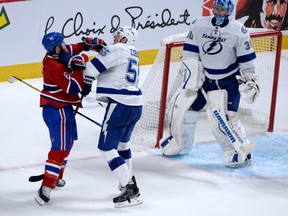 Montreal Canadiens forward Brandon Prust fights with Tampa Bay Lightning defenceman Braydon Coburn during the third period in Game 3 of the second round of the 2015 NHL playoffs at the Bell Centre on May 3, 2015. (Eric Bolte/USA TODAY Sports)
