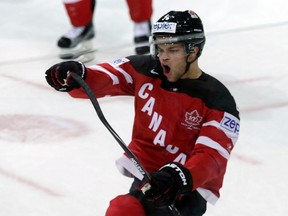 Canada's Taylor Hall celebrates his goal against the Czech Republic during their Ice Hockey World Championship game against Sweden at the O2 arena in Prague, Czech Republic May 4, 2015. Canada won, 6-3. REUTERS/David W Cerny