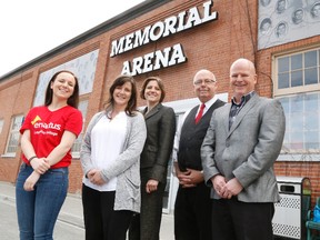 JASON MILLER/THE INTELLIGENCER
Olivia Millard (first from left), president of Enactus Loyalist, Tanya Baldwin, project lead for the Memorial Regional Collective,  David Somers, the collective’s co-chair, Luisa Sorrentino and Bob Millard, stand outside the Memorial Arena, one of the city-owned buildings they want to transform into a cultural centre.