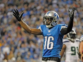 Titus Young #16 reacts to a late fourth quarter call during the game against the Seattle Seahwaks at Ford Field on October 28, 2012 in Detroit, Michigan. (Leon Halip/Getty Images/AFP)