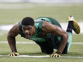 Defensive lineman Randy Gregory of Nebraska goes through the drills during the 2015 NFL Scouting Combine at Lucas Oil Stadium on February 22, 2015 in Indianapolis. (Joe Robbins/Getty Images/AFP)