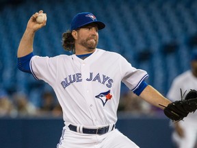 Starter R.A. Dickey became the first Blue Jay since 1995 to pitch eight innings without getting a strikeout on Monday. (CRAIG ROBERTSON/Toronto Sun)