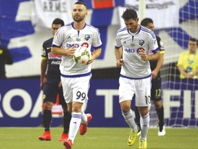 Montreal’s Jack McInerney (left) celebrates his goal against Club America last week. The Impact lost the CONCACAF final. (USA TODAY SPORTS)