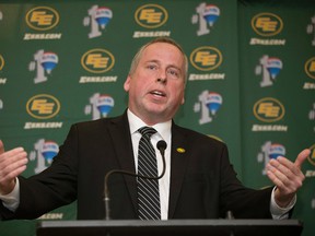 Len Rhodes, shown here at the Eskimos annual general meeting Tuesday, will be with the club through to the 2019 season. (David Bloom, Edmonton Sun)