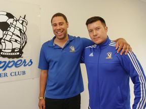 Kingston Clippers technical director Chris Eveleigh, left, and new head coach Christian Hoefler pose for a photo inside the club’s office on Tuesday.
(Julia McKay/The Whig-Standard)