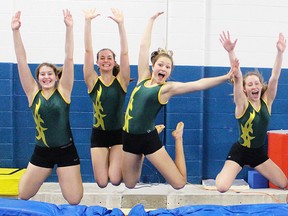 The Centennial Chargers sport aerobics team captured the gold medal in the Novice division at the OFSAA championships Tuesday in Sudbury, capping an undefeated season with previous wins at COSSA and Bay of Quinte. From left: Madeline Green, Elia Pichl, Tia Svoboda, Miguela Barriage, Morgan Elliot and Liberti Hannah. (Submitted photo)