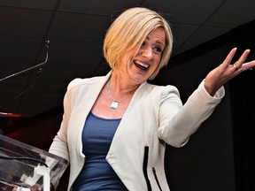 NDP leader and premier-elect Rachel Notley greets her supporters in Edmonton, Alta., on May 5, 2015. (Codie McLachlan/Postmedia Network)