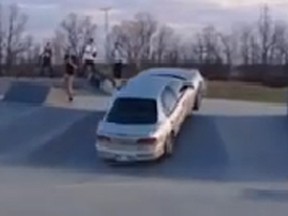 Police said people were diving out of the way and running for their lives when a 21-year-old man drove erratically through a skate park in Winnipeg on Tuesday night.
(Screenshot from Facebook video)