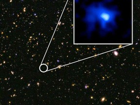 Astronomers have discovered a bright blue-coloured galaxy -- the farthest on record at 13.1 billion light-years away. The galaxy, named EGS-zs8-1, is one of the brightest and largest collections of stars in the early universe, according to the international team of researchers led by Yale University of the University of California-Santa Cruz. (Postmedia Network/NASA)