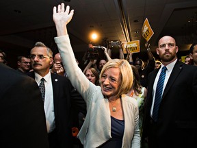 Alberta NDP Leader Rachel Notley reacts to election results in Edmonton May 5, 2015, after her party won a majority government and she became premier-designate.
