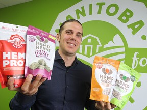 Mike Fata, CEO of Manitoba Harvest, displays some of his hemp foods in Winnipeg, Man.