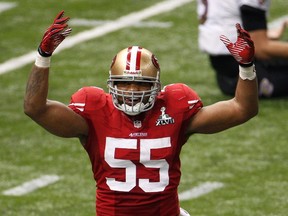 San Francisco 49ers linebacker Ahmad Brooks reacts after sacking Baltimore Ravens quarterback Joe Flacco during Super Bowl XLVII in New Orleans February 3, 2013. (REUTERS/Jonathan Bachman)