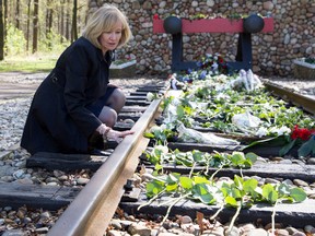 Laureen Harper pauses to reflect by the train tracks while visiting Kamp Westerbork May 5, 2015. (PMO photo by Deb Ransom)