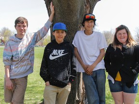 Jacob Lanoue, left to right, Donovan Black-Quitte, Seth Franki and Sydney Mellon are four of 39 students participating in the North & South: Connecting Youth Cultures student exchange between Kingston and Yellowknife. (Julia McKay/The Whig-Standard)