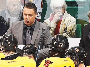 Belleville Bulls assistant coaches Jake Grimes (left) and Jason Supryka will not join the team when it begins play in Hamilton next season. (Aaron Bell/OHL Images)