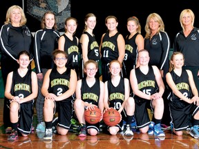 Tillsonburg Gemini OBA girls basketball team, front from left, are Hannah Lasook, Aliyah Bailey, Maddy Cluett, Jenn Demaree, Jordan Oliver, Jayden Stockmans, (back row) coach Lisa Gilvesy, coach Gabby Bossy, Abigail Helson, Emily Vandevyvere, Grace Gilvesy, Rachel Fody, coach Deb Gilvesy, and coach Cheryl Fody. (CONTRIBUTED PHOTO - JEFF HELSDON)