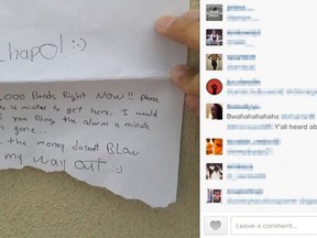 Dominyk Alfonseca posted a picture of the note he handed bank tellers to Instagram. (Photo: Instagram user himandher91)