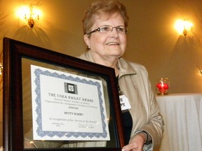 ERNST KUGLIN/THE INTELLIGENCER
Betty Harry was presented with the Cora Bailey Award Thursday afternoon by the Trenton and District Branch of the Retired Women's Teachers of Ontario. Harry retired in 1995 from the position of teacher-librarian at Frankford Public school.