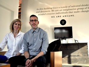 Erin Pollett (left), Arcane’s director of operations and facilities, and Eric Vardon, Arcane’s president and CEO, at the digital marketing company’s location on Horton Street on May 6, 2015. The growing company is moving to a new 30,000 sq. ft. space on Talbot Street downtown at the end of September. CHRIS MONTANINI\LONDONER\POSTMEDIA NETWORK